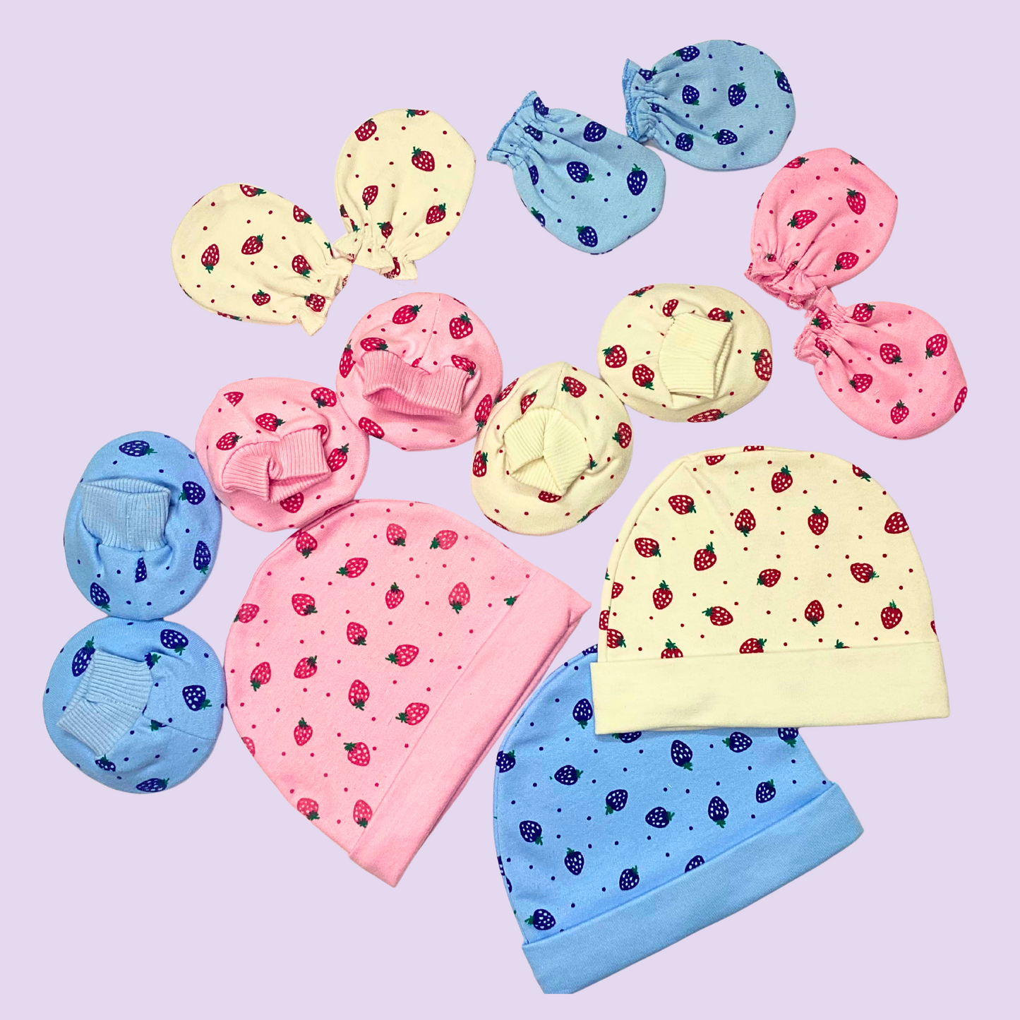 Newborn Baby Mittens, Booties & Cap Set – Soft Cotton – Available in Blue, Pink & Printed