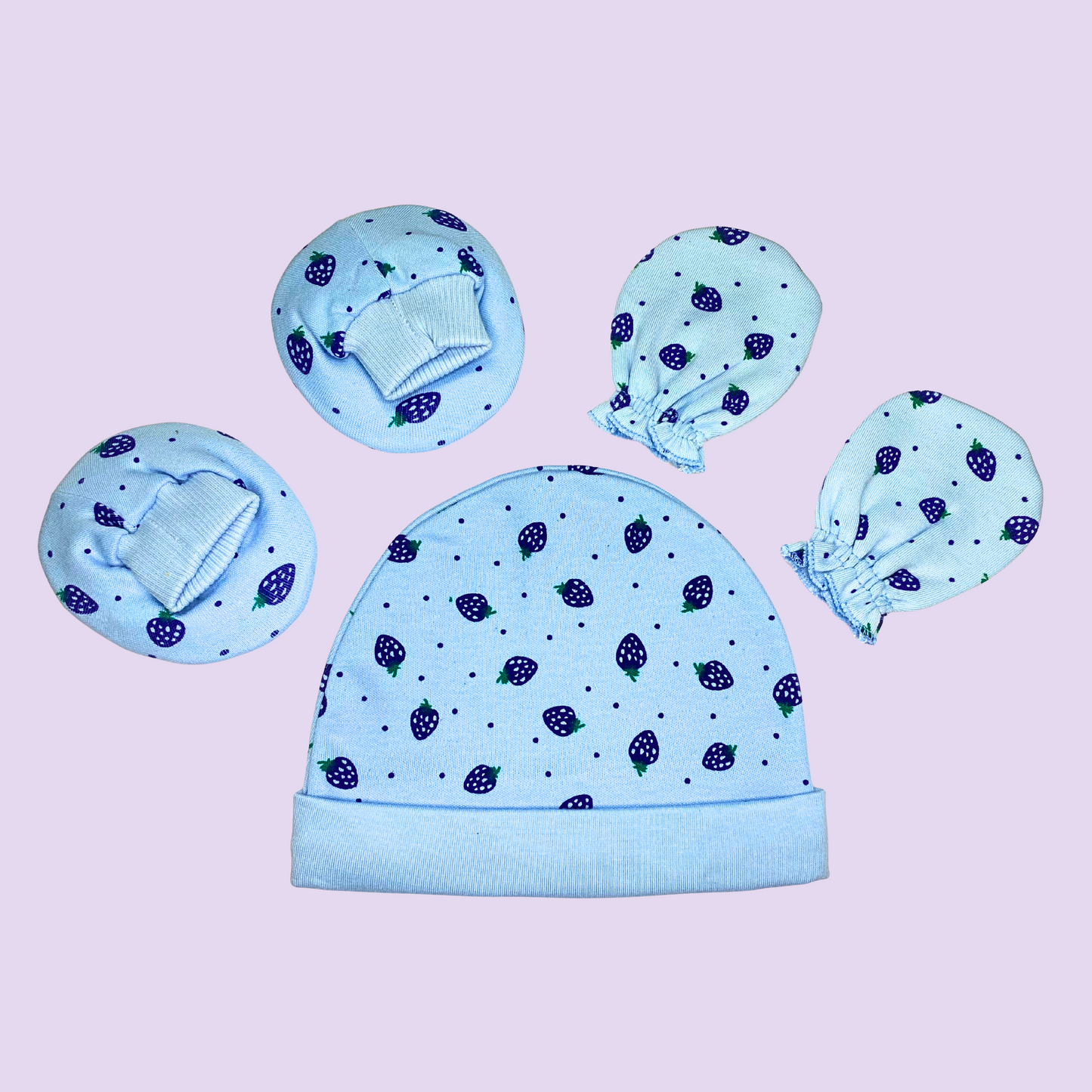 Newborn Baby Mittens, Booties & Cap Set – Soft Cotton – Available in Blue, Pink & Printed
