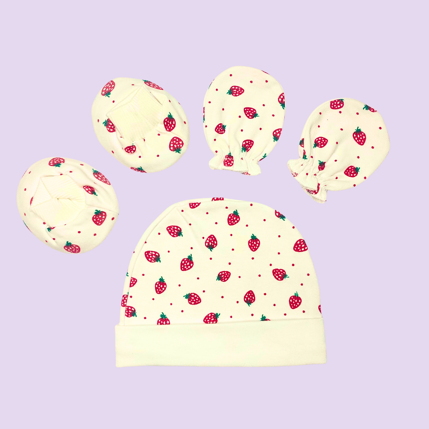 Newborn Baby Mittens, Booties & Cap Set – Soft Cotton – Available in Blue, Pink & Printed