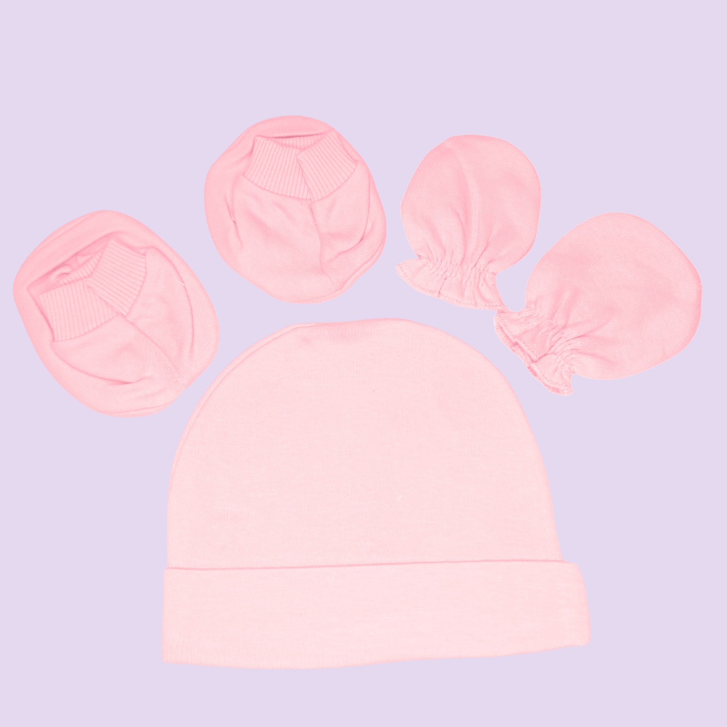 Newborn Baby Mittens, Booties & Cap Set – Soft Cotton – Available in Blue, Pink & Printed