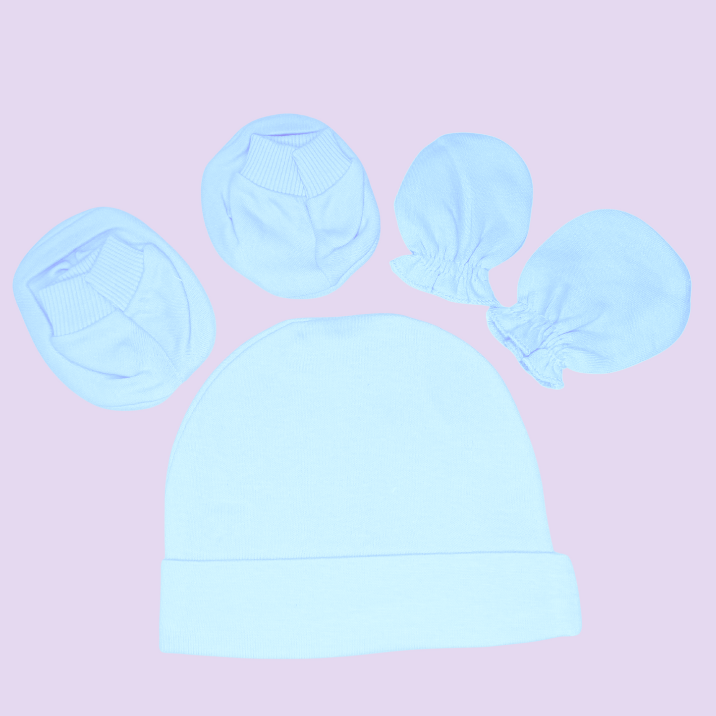 Newborn Baby Mittens, Booties & Cap Set – Soft Cotton – Available in Blue, Pink & Printed