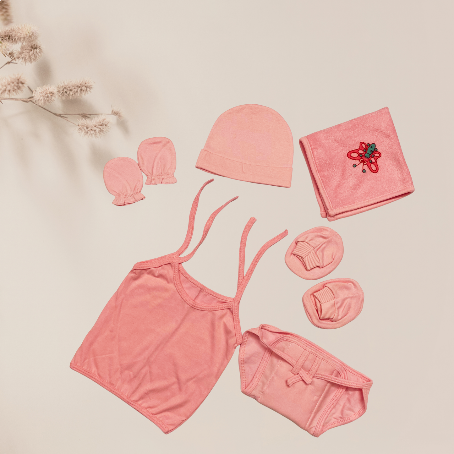Blush Pink Baby Essentials Set – 7-Piece Newborn Comfort Kit