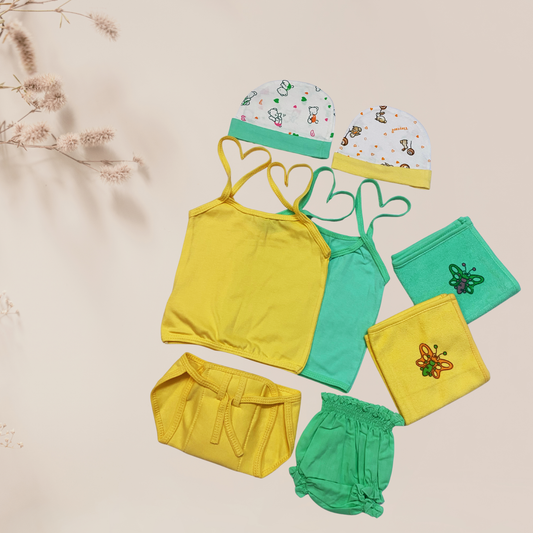 Soft Cotton Baby Summer Essentials Set – Orange & Green (6 Pieces)