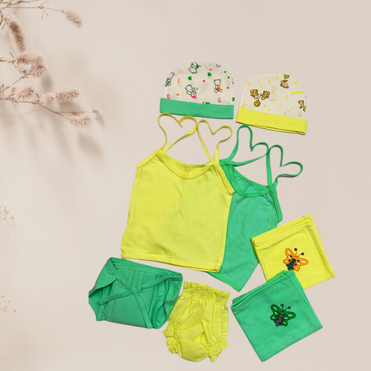 Soft Cotton Baby Summer Essentials Set – Yellow & Green (6 Pieces)